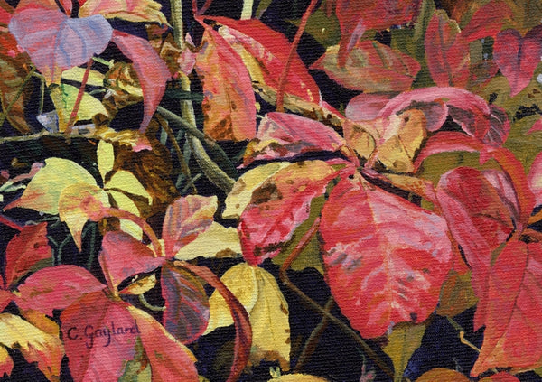 Blazing Glory red leaves wall art acrylic flower painting artist Carole Gaylard