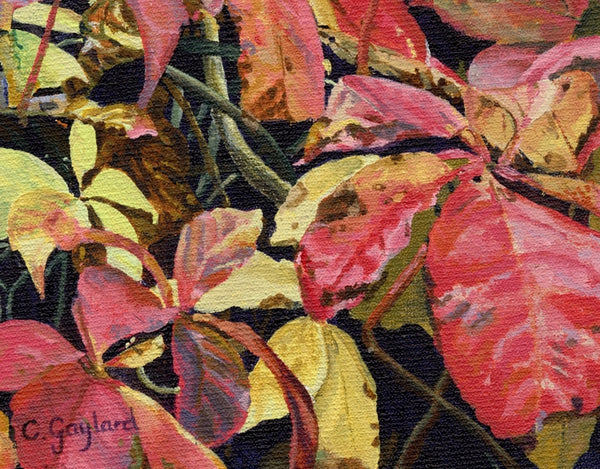 Blazing Glory red leaves wall art acrylic flower painting detail artist Carole Gaylard