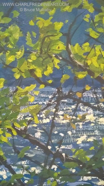 Sunlight Through Trees Lock Eck, Scotland, landscape painting detail by Bruce Mulcahy RSMA.