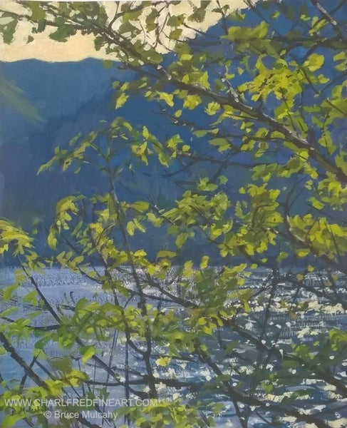 Sunlight Through Trees Lock eck, Scotland, landscape painting by Bruce Mulcahy RSMA.