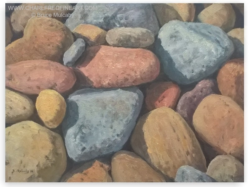 Sunlit Pebbles by Bruce Mulcahy RSMA Beach Paintings for sale