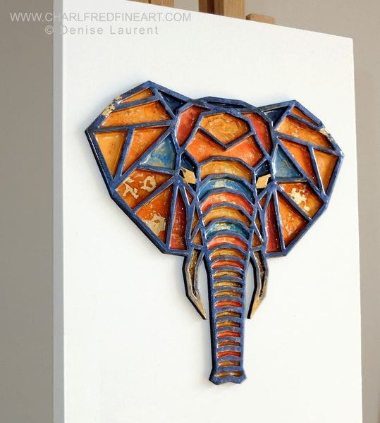 Elephant Head animal art resin painting by Denise Laurent