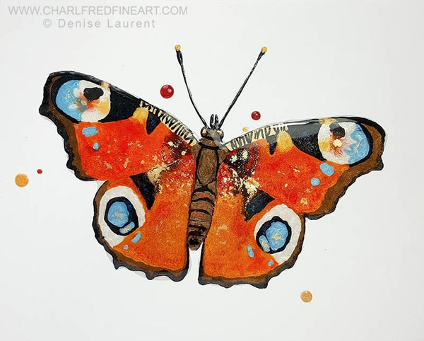 Peacock butterfly resin and pigments animal art by Denise Laurent