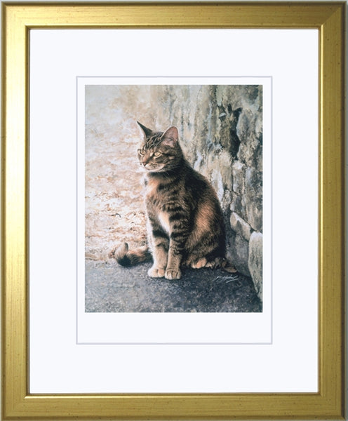 Penny's Lane tabby tortoiseshell cat art print framed, artist J. Gaylard.