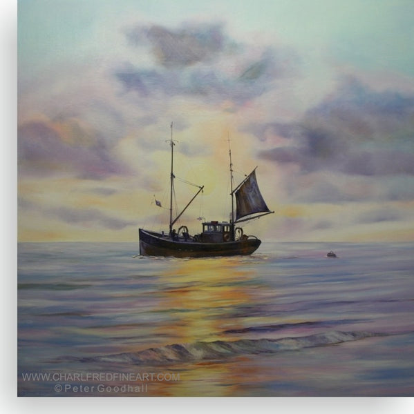 Leaving the Mooring nautical art painting by Peter Goodhall.