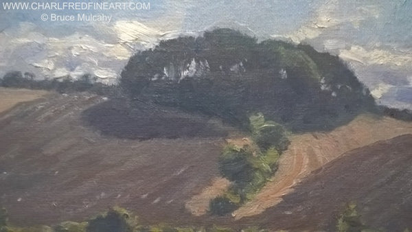 Fields with Hilltop Wood landscape canvas painting detail by Bruce Mulcahy RSMA.
