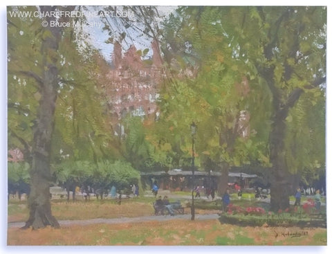 In Russell Square, London cityscape painting by Bruce Mulcahy RSMA