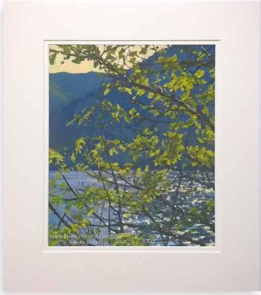 Sunlight Through Trees Lock Eck, Scotland, mounted landscape painting by Bruce Mulcahy RSMA.