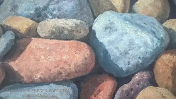 Sunlit Pebbles beach canvas oil painting detail by Bruce Mulcahy RSMA.