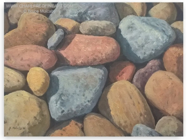 Sunlit Pebbles beach canvas oil painting by Bruce Mulcahy RSMA.