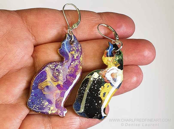 Denise Laurent elli cat drop earrings gold, purple, blue and black