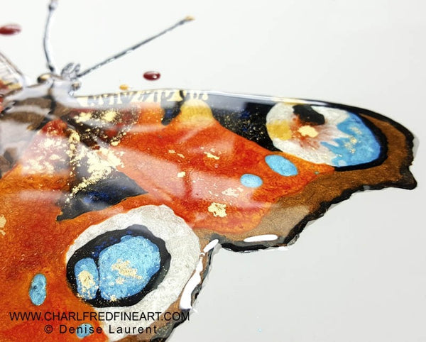 Peacock butterfly resin and pigments animal art detail by Denise Laurent