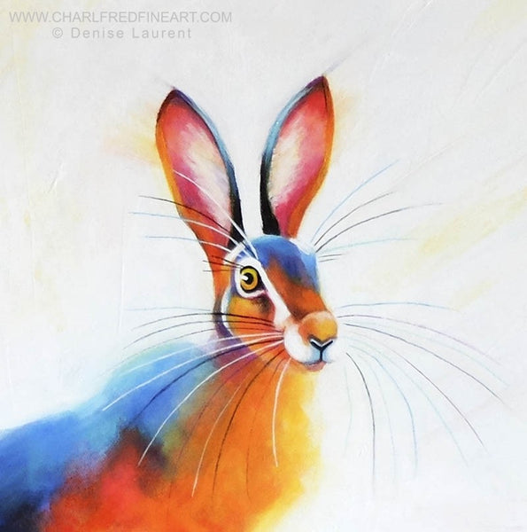 Sunlit Hare animal art canvas painting detail by artist Denise Laurent