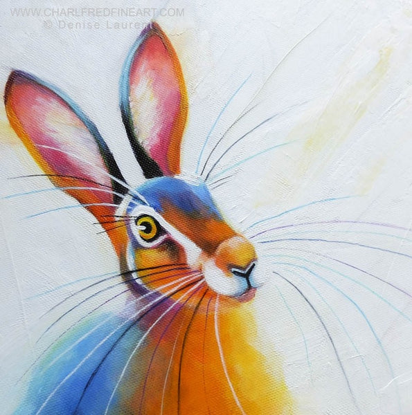 Sunlit Hare animal art painting canvas detail by artist Denise Laurent