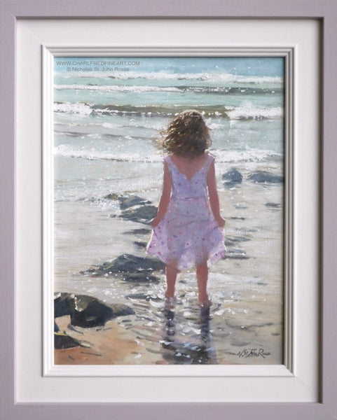 Bright Waves figurative art framed beach painting by Nicholas St. John Rosse R.S.M.A
