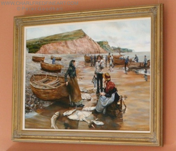 A Fish Sale on Sidmouth Beach Devon - Beach framed painting by Peter Goodhall.