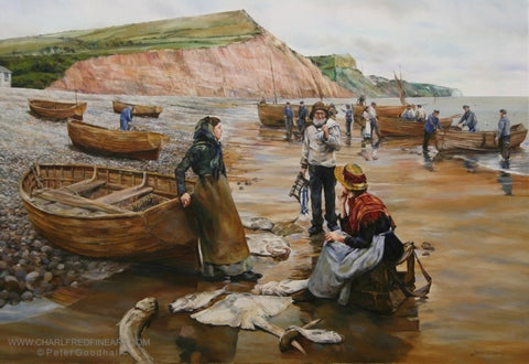 A Fish Sale on Sidmouth Beach Devon - Beach painting by Peter Goodhall.