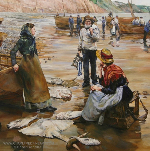 A Fish Sale on Sidmouth Beach Devon - Figurative art painting by Peter Goodhall.