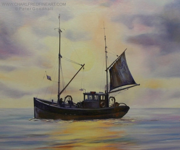 Leaving the Mooring nautical art boat painting by Peter Goodhall.