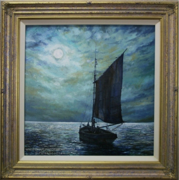 Moonlight Sailing framed nautical art painting by Peter Goodhall.