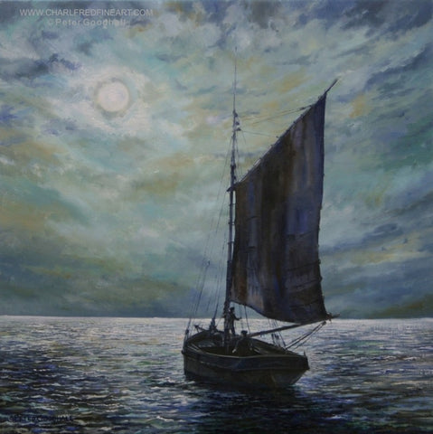 Moonlight Sailing nautical art painting by Peter Goodhall.