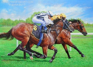 The Final Furlong race horses animal art painting by artist Sara Butt