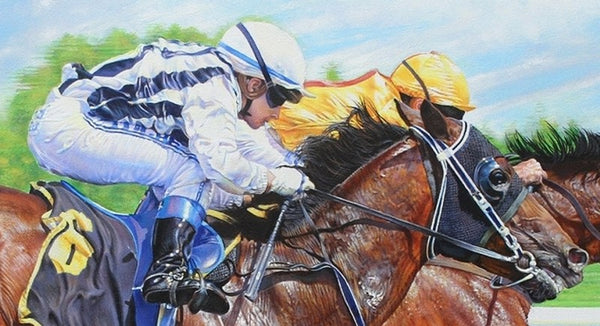 The Final Furlong racing horses animal art painting.  Equine painting by artist Sara Butt.