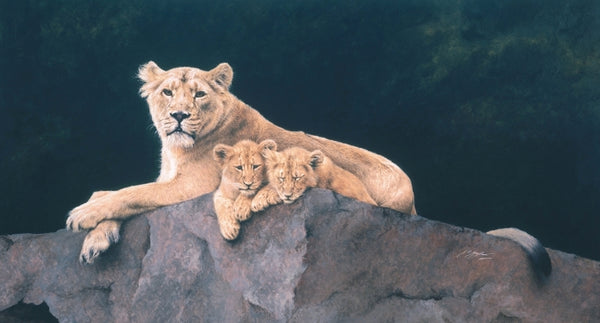 Watchful Asiatic Lioness with cubs wildlife art print animal art cat artist J. Gaylard