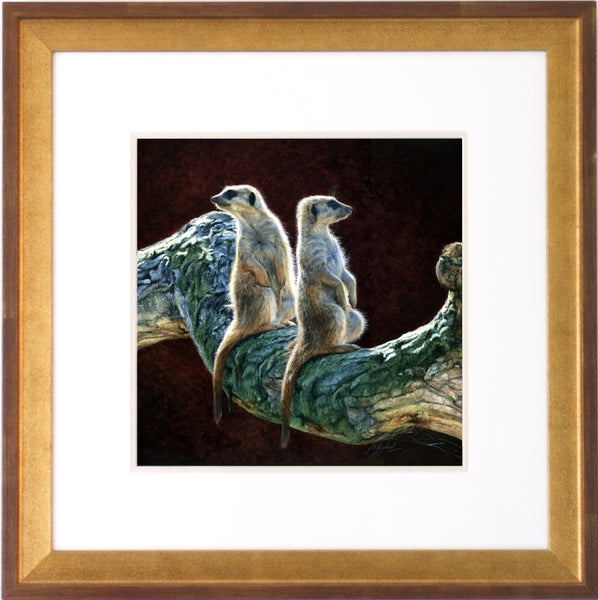 Who Goes There? Meerkats acrylic animal art framed painting wildlife artist Jacqueline Gaylard.